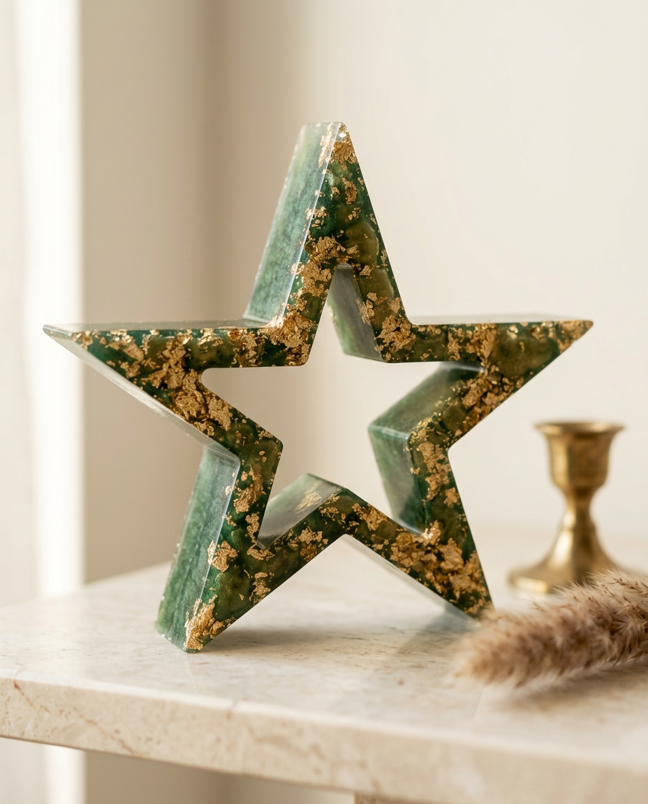 Emerald Star freestanding resin star with gold-effect leaf