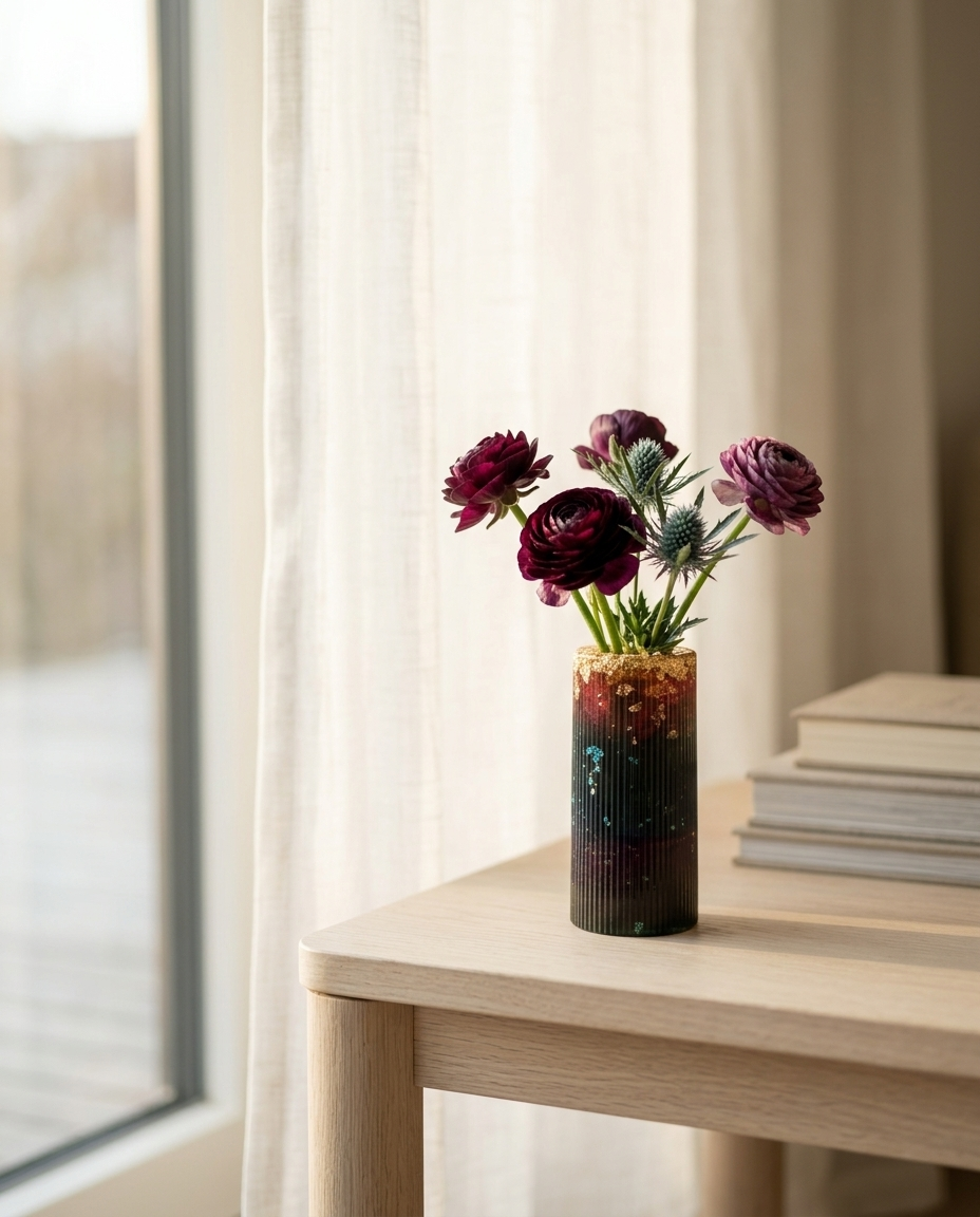 Merlot Gilt tall ribbed vase fading from red to black with gold-effect rim