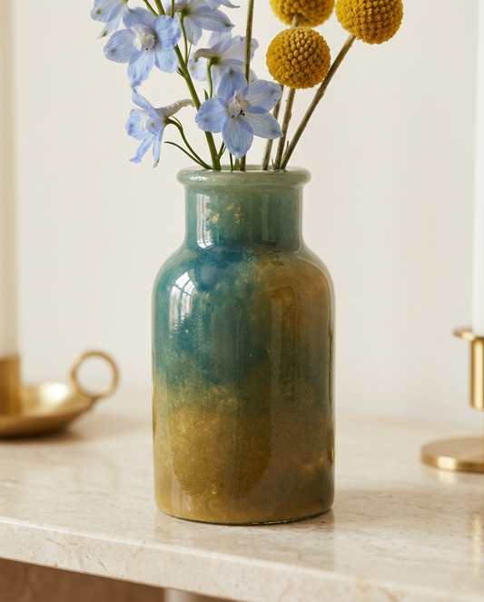 Dawn Gilt bottle vase glazed from teal into golden yellow