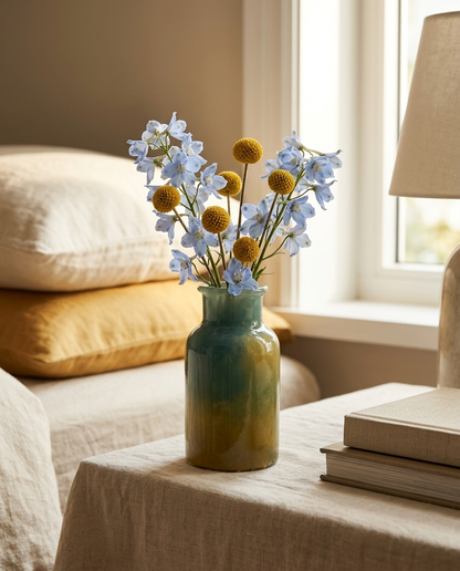 Dawn Gilt bottle vase glazed from teal into golden yellow