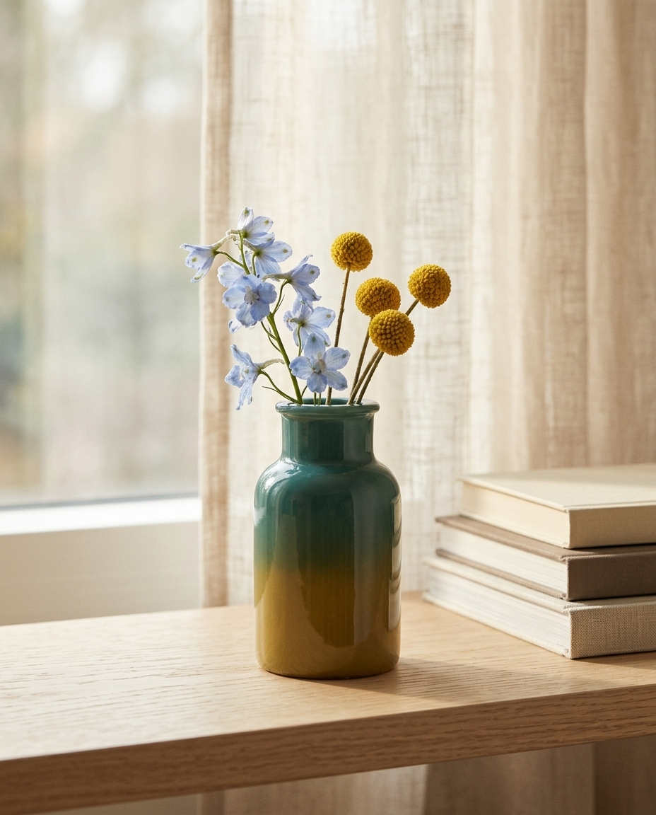 Dawn Gilt bottle vase glazed from teal into golden yellow