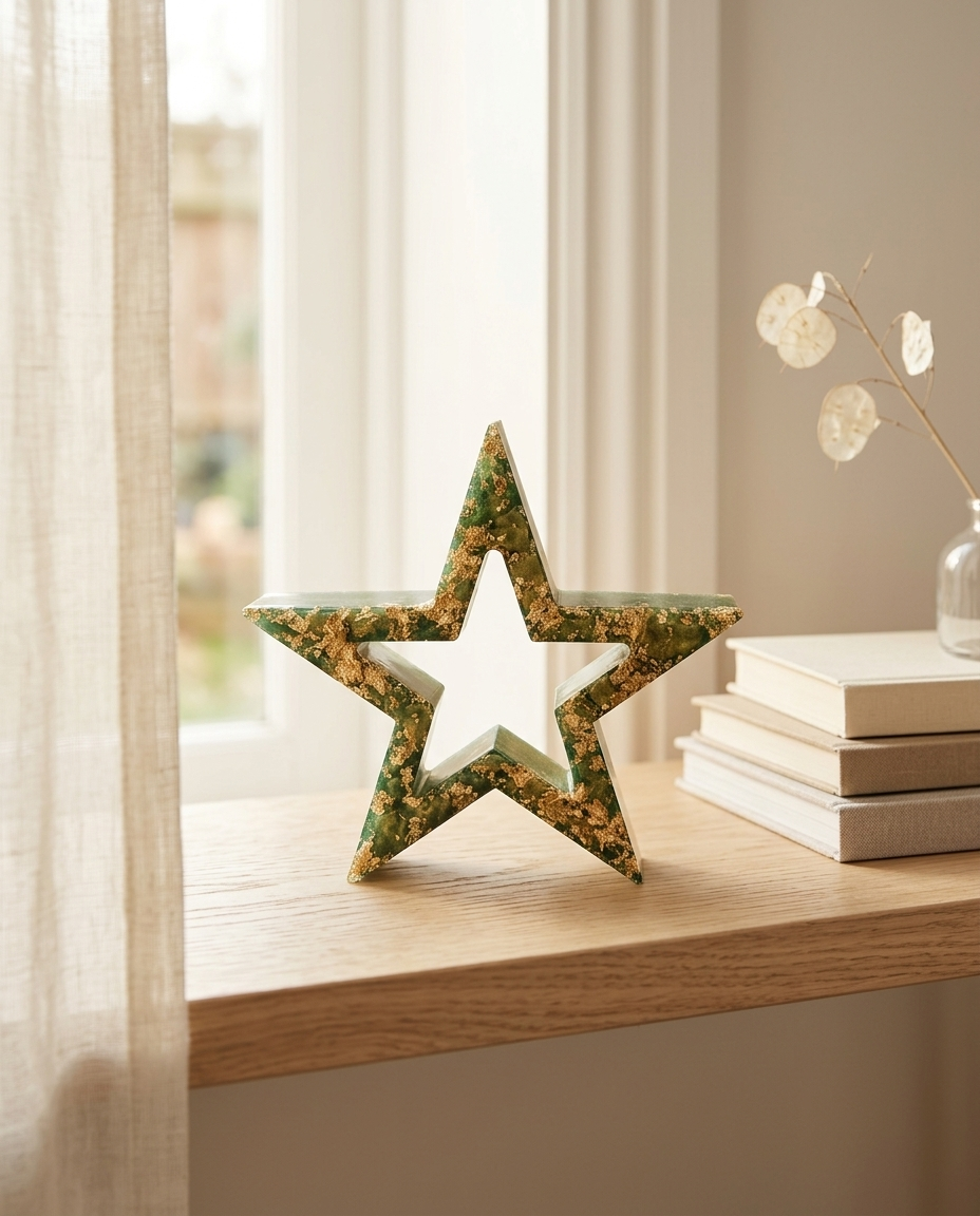 Emerald Star freestanding resin star with gold-effect leaf