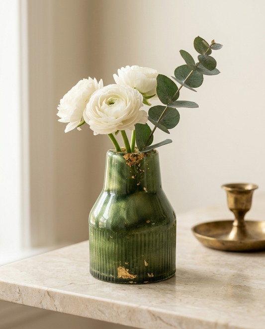 Forest Gilt ribbed vase in green with gold-effect leaf at the rim