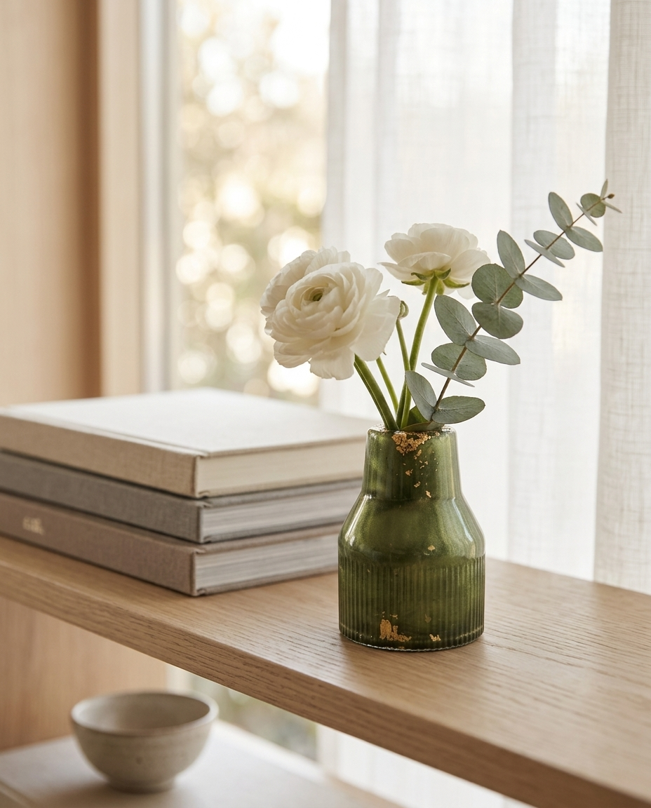 Forest Gilt ribbed vase in green with gold-effect leaf at the rim