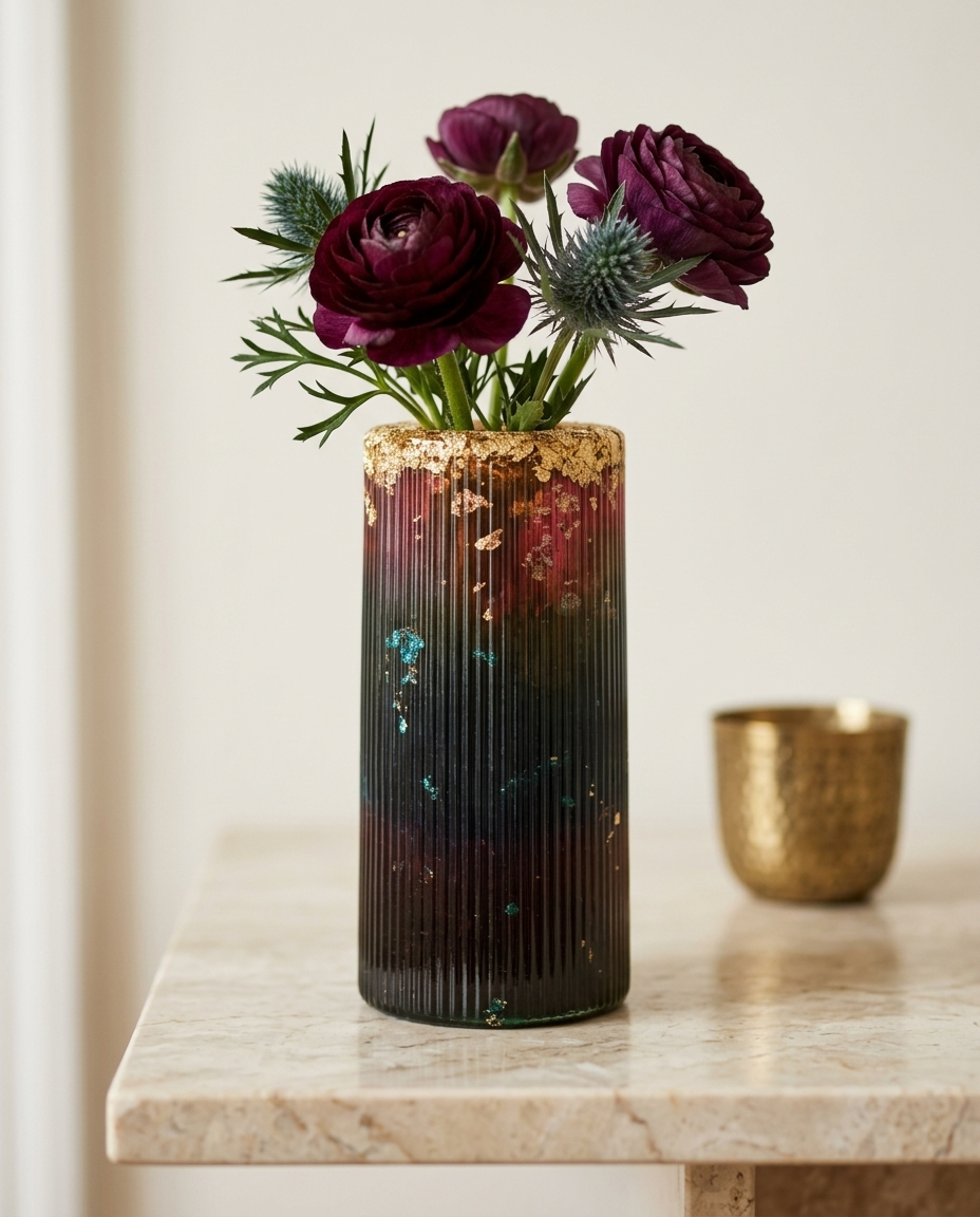Merlot Gilt tall ribbed vase fading from red to black with gold-effect rim