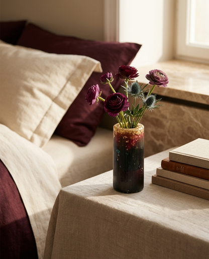 Merlot Gilt tall ribbed vase fading from red to black with gold-effect rim