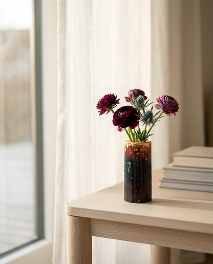 Merlot Gilt tall ribbed vase fading from red to black with gold-effect rim