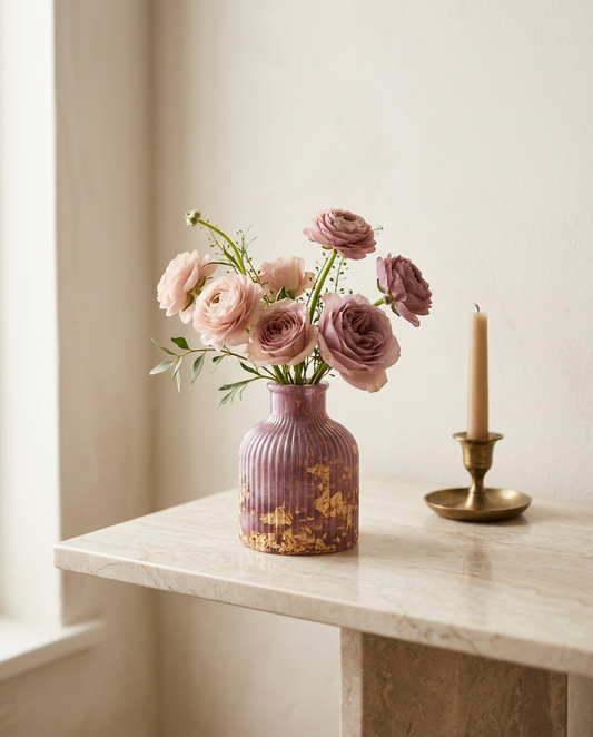 Ribbed plum resin vase with gold leaf accents