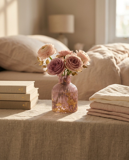 Ribbed plum resin vase with gold leaf accents