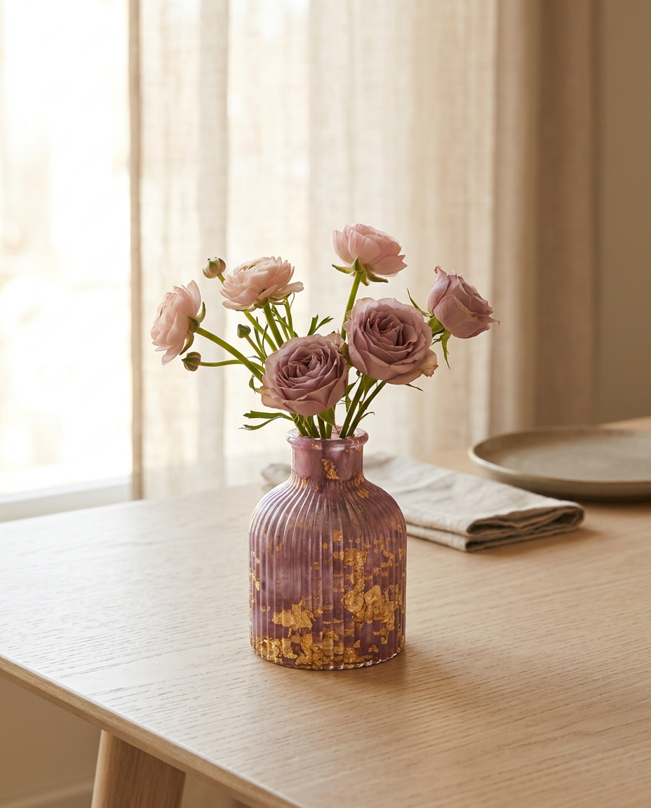 Ribbed plum resin vase with gold leaf accents